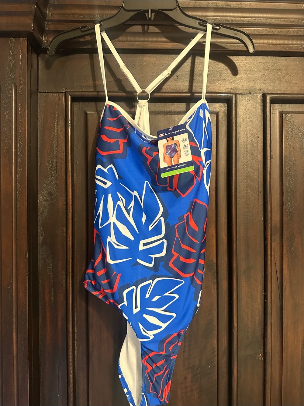 Champion Blue One-Piece Swimsuit with Red & White Leaf Print